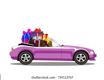 Pink modern cartoon cabriolet car full of gift boxes isolated on white background. Sports car. Vector illustration. Clip art. 