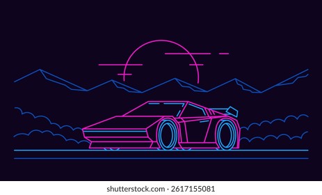 Pink modern cyberpunk car side view stands on mountains and sunset background in outline neon style.