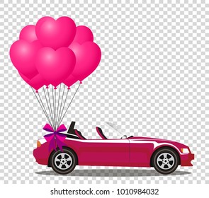 Pink modern opened cartoon cabriolet car with bunch of rose helium heart shaped balloons with festive bow isolated on transparent background. Sports car. Vector illustration. Clip art. 