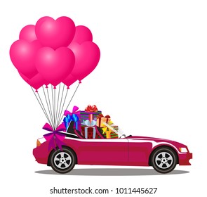 Pink modern opened cartoon cabriolet car with presents and bunch of rose helium heart shaped balloons with festive bow isolated on white background. Sports car. Vector illustration. Clip art. 