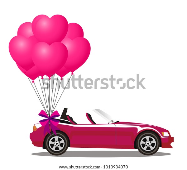 Pink modern\
opened cartoon cabriolet car with bunch of rose helium heart shaped\
balloons with festive bow isolated on white background. Sports car.\
Vector illustration. Clip art.\
