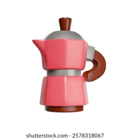 Pink moka pot with brown handle and silver top isolated. 3D rendering illustration for design and print. Coffee preparation concept. Modern kitchen appliance design.