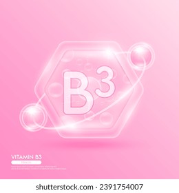 Pink molecule atom vitamin B3 in hexagon. Surrounded by collagen solution hyaluronic acid serum and moisturizer. Essential to the health skin care. For cosmetic beauty nutrition. Vector EPS10.