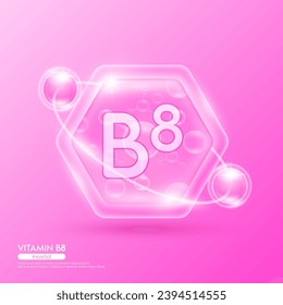 Pink molecule atom vitamin B8 in hexagon. Surrounded by collagen solution hyaluronic acid serum and moisturizer. Essential to the health skin care. For cosmetic beauty nutrition. Vector EPS10.