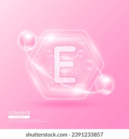 Pink molecule atom vitamin E in hexagon. Surrounded by collagen solution hyaluronic acid serum and moisturizer. Essential to the health skin care. For cosmetic beauty nutrition. Vector EPS10.