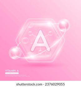 Pink molecule atom vitamin A in hexagon. Surrounded by collagen solution hyaluronic acid serum and moisturizer. Essential to the health skin care. For cosmetic beauty nutrition. Vector EPS10.