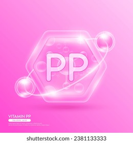 Pink molecule atom vitamin PP in hexagon. Surrounded by collagen solution hyaluronic acid serum and moisturizer. Essential to the health skin care. For cosmetic beauty nutrition. Vector EPS10.