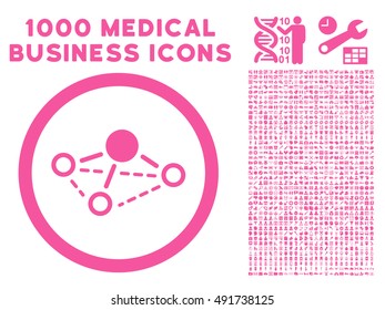 Pink Molecule vector rounded icon. Image style is a flat icon symbol inside a circle, white background. Bonus clipart includes 1000 medicine business pictograms.