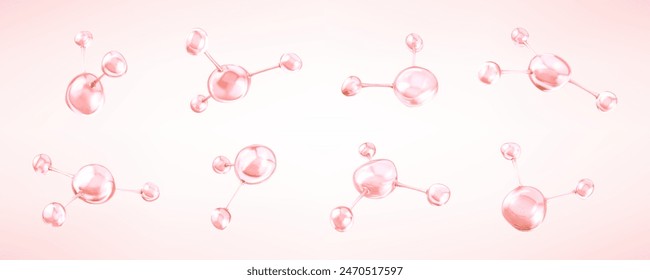 Pink molecules with biological and chemical concept. Collagen or serum molecules. Сoncept skin care cosmetics solution. Vector 3d illustration