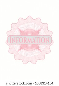 Pink money style emblem or rosette with text Information inside