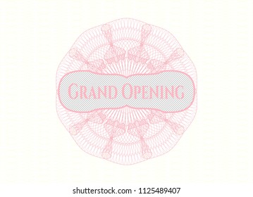 Pink money style emblem or rosette with text Grand Opening inside