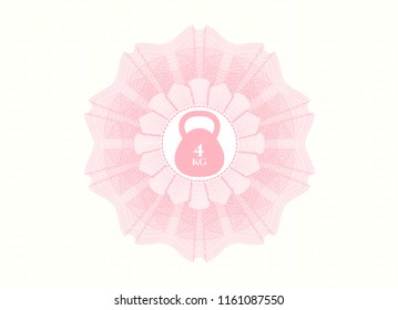 Pink money style emblem or rosette with 4kg kettlebell icon inside