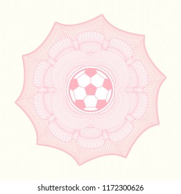 Pink money style emblem or rosette with football ball icon inside