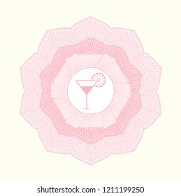 Pink money style emblem or rosette with cocktail glass icon inside