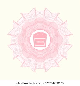 Pink money style emblem or rosette with popcorn icon inside