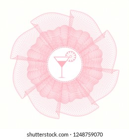 Pink money style emblem or rosette with cocktail glass icon inside