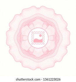 Pink money style emblem or rosette with picture icon inside
