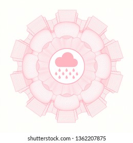 Pink money style emblem or rosette with rain icon inside