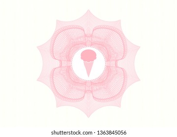 Pink money style emblem or rosette with ice cream icon inside