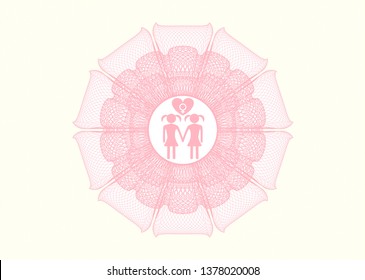 Pink money style emblem or rosette with lesbian love icon inside