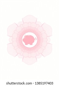 Pink money style emblem or rosette with piggy bank icon inside
