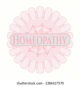 Pink money style emblem or rosette with text Homeopathy inside