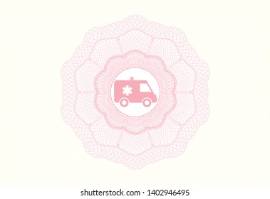 Pink money style emblem or rosette with ambulance icon inside