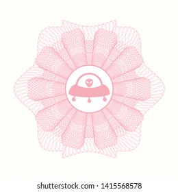 Pink money style emblem or rosette with ufo with aline inside icon inside