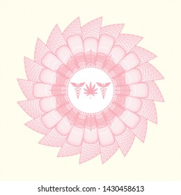 Pink money style emblem or rosette with medicinal weed icon inside