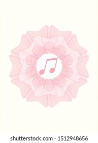 Pink money style emblem or rosette with musical note icon inside