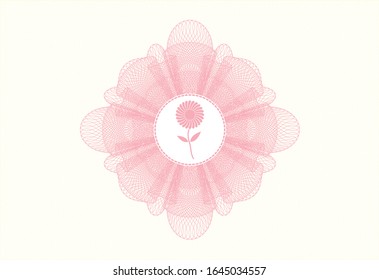 Pink money style emblem or rosette with flower icon inside