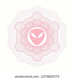Pink money style emblem or rosette. with alien icon inside