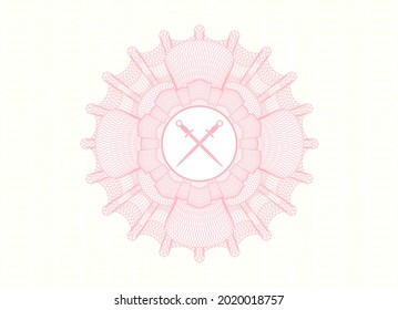 Pink money style rosette. with crossed swords icon inside