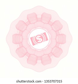 Pink money style rosette with money, dollar bill icon inside