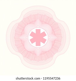 Pink money style rosette with emergency cross icon inside