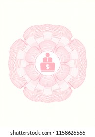 Pink money style rosette with man working on computer icon inside