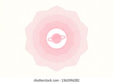 Pink money style rosette with planet, saturn icon inside