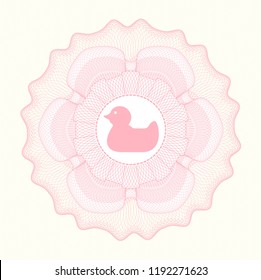 Pink money style rosette with rubber duck icon inside