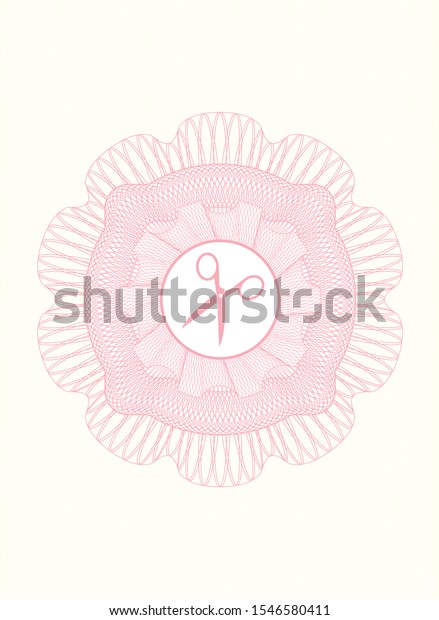 Pink money\
style rosette with scissors icon\
inside