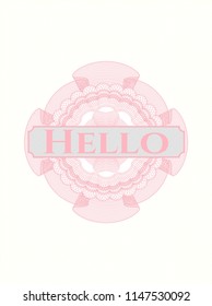 Pink money style rosette with text Hello inside