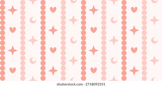 Patrón monocromático rosado con Formas de corazón, lunas en media luna y rayas de burbuja.