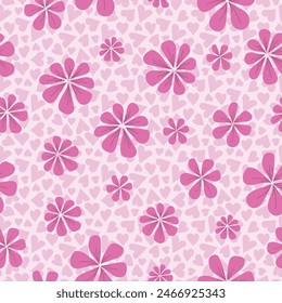 Pink Monochromatic Retro Flowers on Heart Textured Background seamless pattern print background