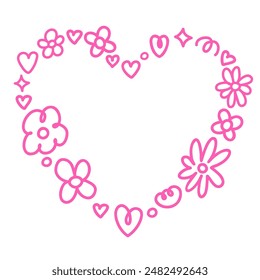Pink monochrome flowers stars and hearts decorated heart shape. Line hand drawn doodle style illustration.