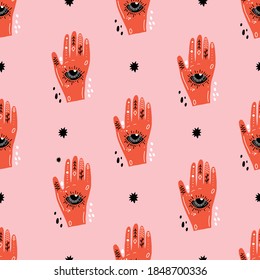 Pink monochrome palm reader psychedelic line art hand with all seeing eye pattern. Cosmic seamless vector repeat pattern.