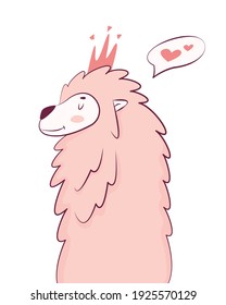 Pink monochrome vector flat illustration. Cute and fluffy cartoon kawaii llama. Animal princess or queen. Print for baby clothes, gift cards, wall posters, baby food. Children drawing hand draw doodle