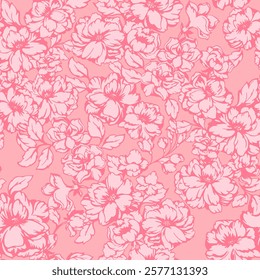 Pink monotone pattern with blooming meadow. Abstract artistic florals seamless print on pastel background. Vector hand drawing stylized peonies, rose. Ornament for fabric designs, textile, fashion