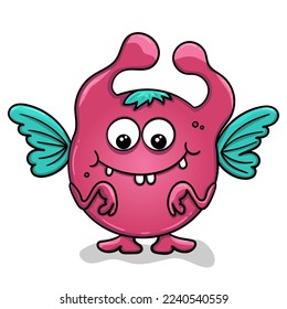 A pink monster with blue wings on a white background. Isolated cartoon alien. Funny gremlin.