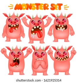 Pink Monster cartoon emoji character in various emotions collection. Vector set