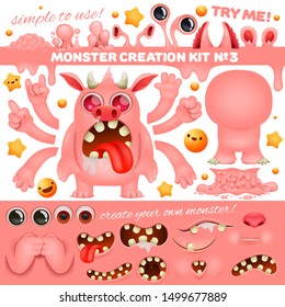 Pink Monster emoji cartoon creation kit. Diy collection. Create your own character. Vector illustration