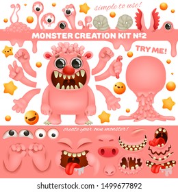 Pink Monster emoji cartoon creation kit. Diy collection. Create your own character. Vector illustration